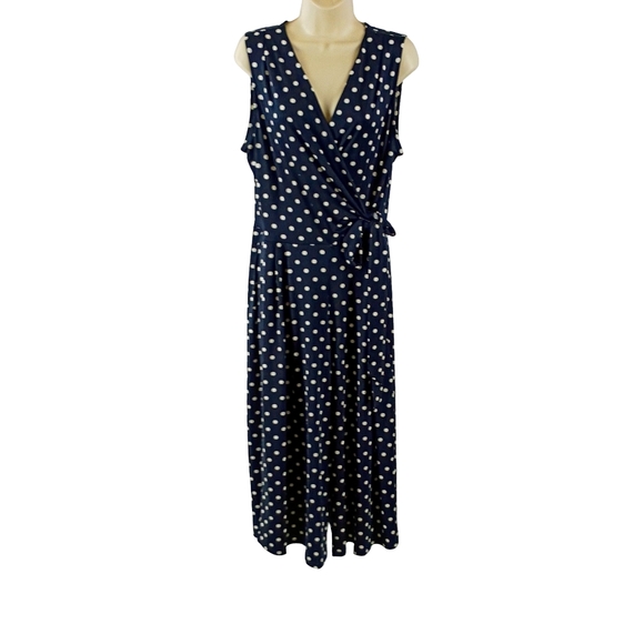 Nina Leonard Pants - Nina Leonard Navy and White Polka Dot Wide Leg Jumpsuit